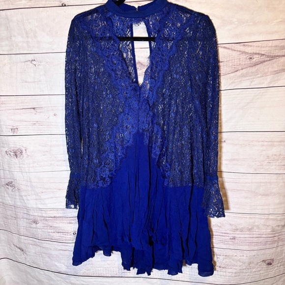 Free People Tell Tale See Through Royal Blue Lace Bohemian Dress Small - Picture 2 of 11